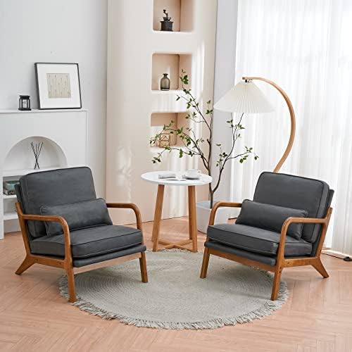 Bonnlo Microfiber Dark Grey Accent Chairs Set of 2, Upholstered Mid Century Modern Lounge Chairs Reading Chairs Side Sitting Chair Solid Wood Farmhouse Armchairs for Living Room, Bedroom, Guest Room by Bonnlo