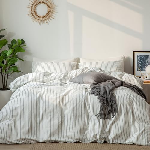 MooMee Striped Duvet Cover Set 100% Washed Cotton Linen Like - Image 3