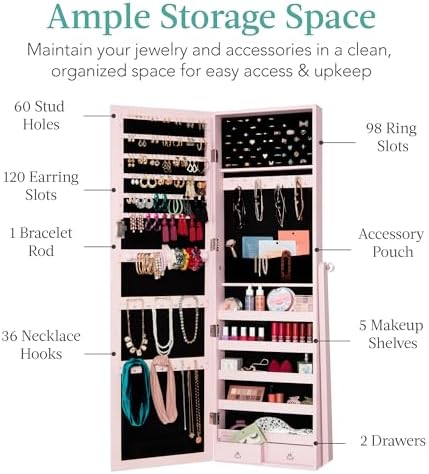 Best Choice Products Freestanding Jewelry Armoire Cabinet, Full Length Standing Mirror, Lockable Makeup Storage Organizer, w/Velvet Lining, 3 Angles, Lock, Accessory Pouch, 5 Shelves - Dusty Pink - Image 2