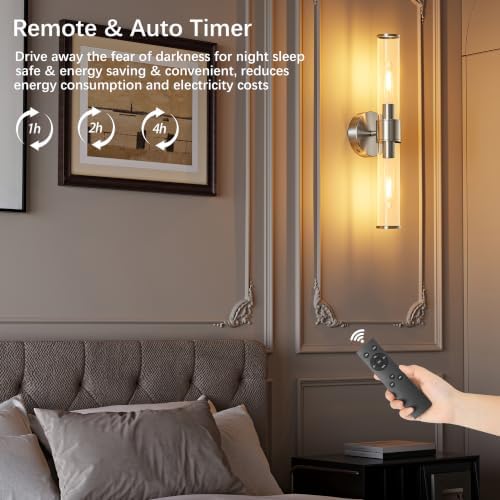 Brushed Nickel Battery Operated Wall Sconces Set of 2 with Remote - Image 5