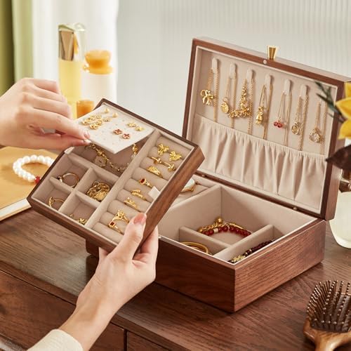 CHOSIN Walnut Wood Jewelry Box with Removable Tray, Vertical Necklace Hooks - Image 4