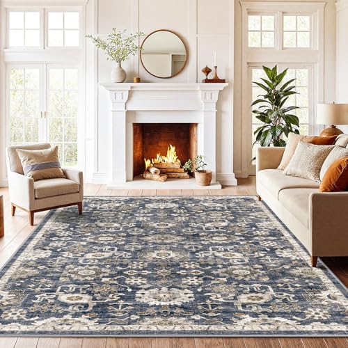 Amada 5x7 Washable Area Rug for Living Room, Blue/Brown, Vintage Pattern by AMADAHOMEFURNISHING