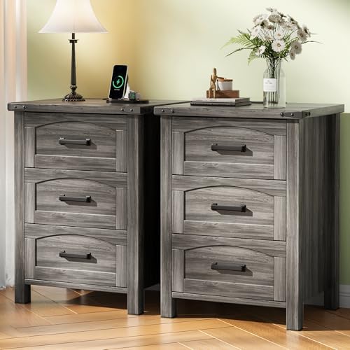 Decofy Farmhouse Nightstand Set of 2 with Charging Station, 3 Drawers by Decofy
