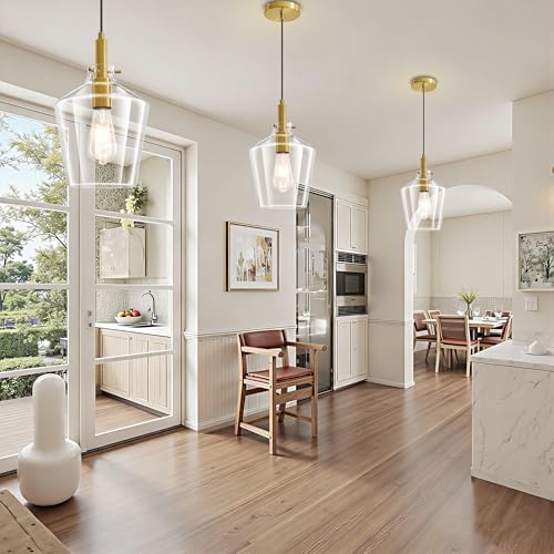 Glass Pendant Lighting for Kitchen Island Entryway 3 Pack Gold Clear 8 Inch - Image 6