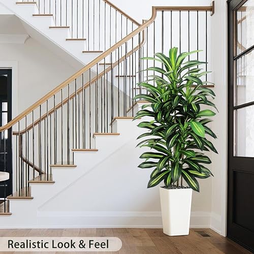 Artificial Dracaena Tree Indoor, 6FT Tall Fake Floor Plants with White Planter & Pebbles, Faux Silk Yucca Tree for Home Office Living Room Bedroom Farmhouse Modern Outdoor Topiary Tree - Image 6
