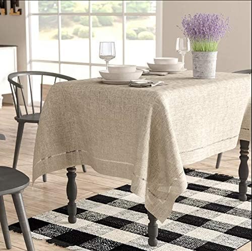 Fennco Styles Toscana Contemporary Hemstitched Linen Blend 60 x 60 Inch Table Cloth for Dinner Table, Parties, Wedding Decorations, Natural - Image 3