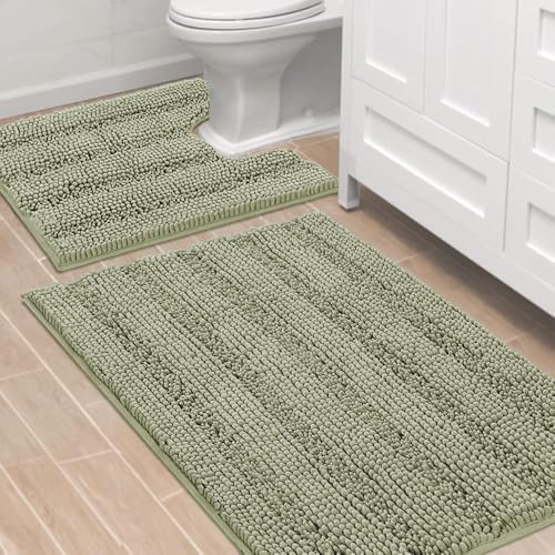 H.VERSAILTEX Bathroom Rug Sets 2 Piece Bath Mats Non Slip Thick Soft Chenille Striped Bath Rug achine Washable Shower Floor Rugs for Tub, Shower and Floor (Eucalyptus Green, 36"x24" Plus 20"x24" U) by HVERSAILTEX
