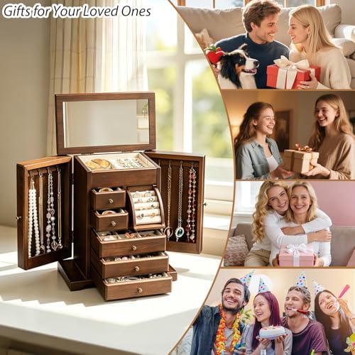 Jewelry Box for Women, Rustic Wooden Jewelry Boxes & Organizers with Mirror & Drawers,6 Layer Jewelry Organizer Box for Rings Earrings Necklaces Bracelets ((Walnut) - Image 7