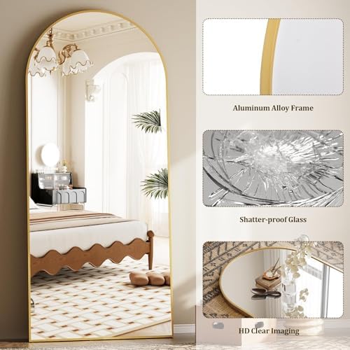 Prywot Full Length Mirror, Oversized 77"x38" Arched-Top Floor Mirror, Gold - Image 7
