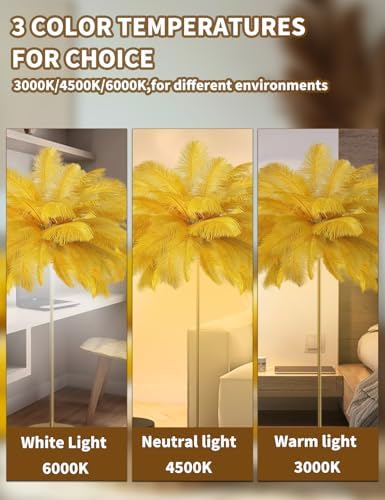 Feather Floor Lamp,Fluffy Ostrich Feather Floor Lamp for Bedroom,3 Color Temperatures Led Corner Modern Floor Lamps for Living Room Christmas Home Decor House Warming Gifts,63″ Height(Golden) - Image 3