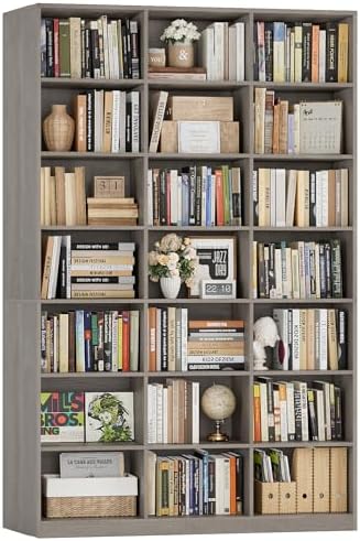 HOSTACK 86"H Triple Wide Bookshelf and Bookcase, 7 Tier Tall Bookshelf with Storage, Large Bookcase with 21 Open Display Storage Shelves, Wood Book Shelf Media CD DVD Storage for Living Room, Ash Gray by HOSTACK