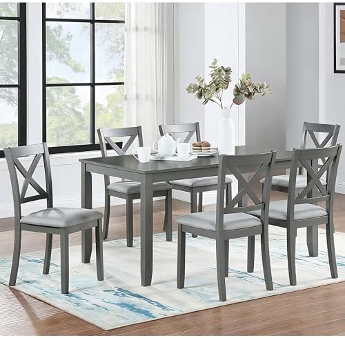 Harper & Bright Designs Modern 7-Piece Dining Set,58.5" Solid Wood Table & 6 Padded X-Back Style Chairs, Grey for Kitchen/Dining Room, 6-Person Seating by HarperBrightDesigns