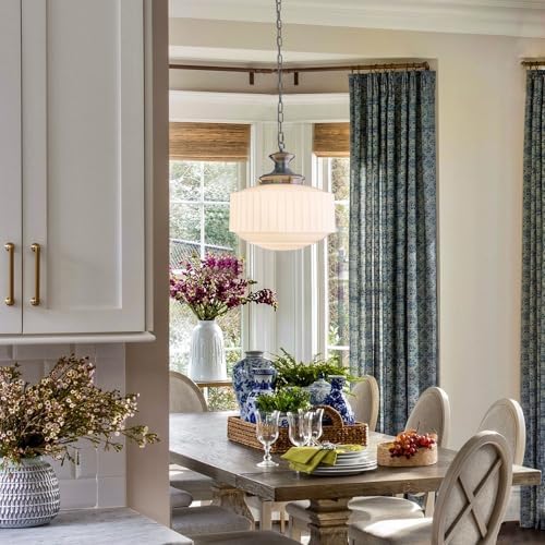 Vintage Milk Glass Pendant Lights, 13.8" White Pleated Glass Chandelier, Schoolhouse Antique Pendant Lights, for Kitchen Island Lighting, Hallway, Bedroom, Dining Room, Foyer, E26 Bulb Included - Image 3