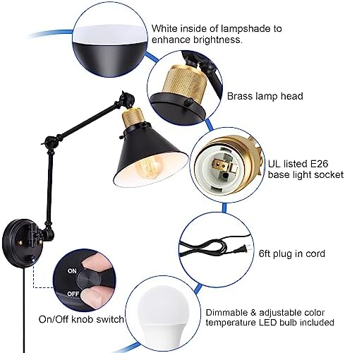 TRLIFE Dimmable Wall Sconce, Remote Control Plug in Wall Sconces Dimming 10%-100% and Adjustable Color Temperature 2700K-6000K, Swing Arm Wall Lights with Plug in Cord, UL Listed(2 Pack, 2 Bulbs) - Image 4