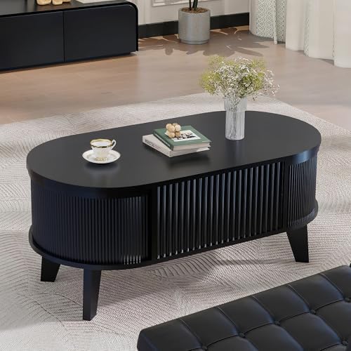 LYNCOHOME Fluted Lift Top Coffee Table with Storage,Modern Oval Coffee Table for Living Room or Home Office(Black) - Image 6