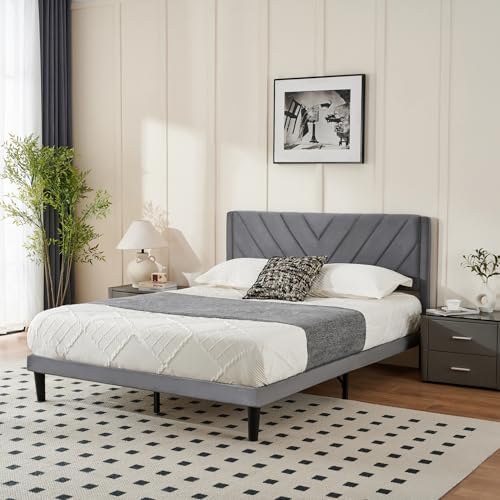 Queen Size Platform Bed Frame with Velvet Headboard, Wing Edge, Sturdy Wooden Slats, Noise-Free, No Box Spring Needed, Easy Assembly, Grey - Image 3