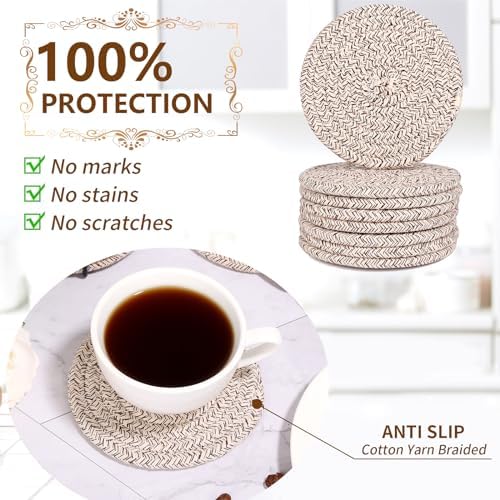 Mckanti 8 Pack Drink Coasters with Holder, Absorbent Coasters for Coffee Table, Minimalist Cotton Woven Coaster Set for Home Decor Tabletop Protection Suitable for Kinds of Cups, 4.3 Inches. - Image 5