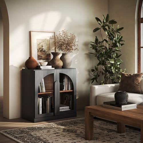 BELLEZE Bijou 31.5" Modular Sideboard Cabinet - Expandable Design w/Arched Glass Doors - Use Solo or Combine for Buffet, Living Room Media Center & Entryway - 70lbs Capacity, Ebony - Image 5