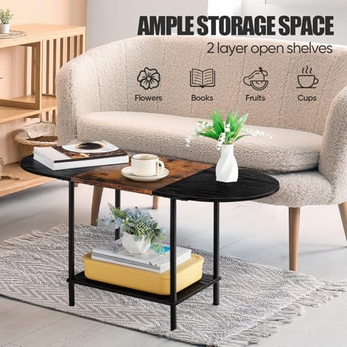 Coffee Tables for Living Room,Mid Century Small Oval Center Table with 2-Tier Storage Shelf and Wood Tabletop,Farmhouse Narrow Cocktail Tea Table for Small Space,Apartment,Black Brown - Image 4
