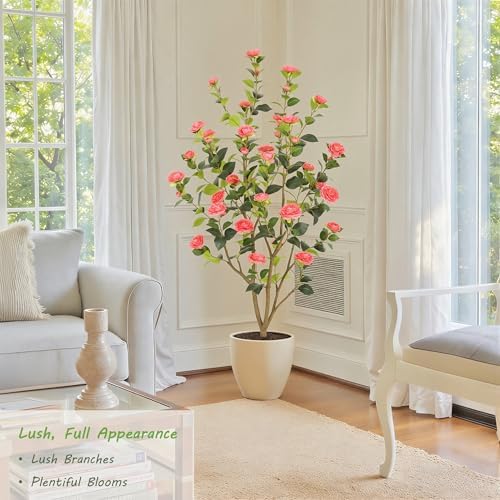 Nafresh 5FT Lush Artificial Pink Camellia Tree Outdoor 2 Pack, 60inch Faux Camellia Plant, Fake Camellia Flowers Tree for Indoor Outdoor Living Room Home Patio Front Door Garden Decor - Image 4