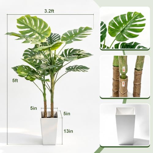 5FT Fake Monstera Plant with White Planter & Thickened Trunk - Image 2