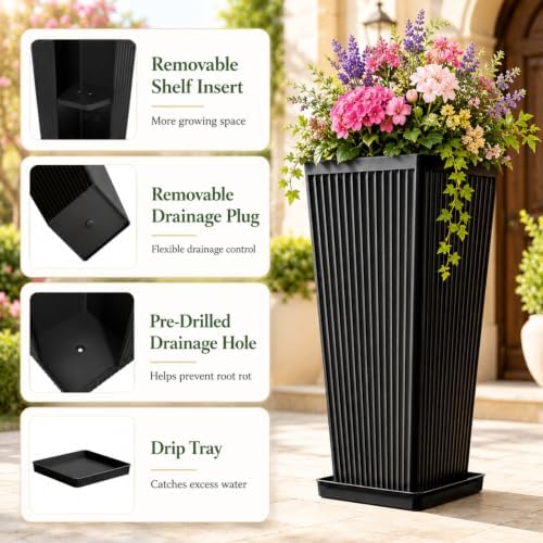 NicBex 24" Tall Planters for Outdoor Plants Set of 2 Square Fluted,Black - Image 3
