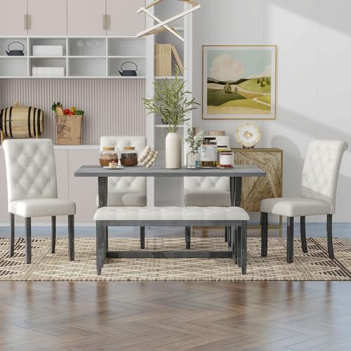 Merax 6-Piece Rustic Farmhouse Kitchen Dining Table Set, Modern 59.8'' Rectangular Dining Table with 4 Upholstered Chairs & 1 Bench for Kitchen Room, Gray Wash+Beige - Image 3