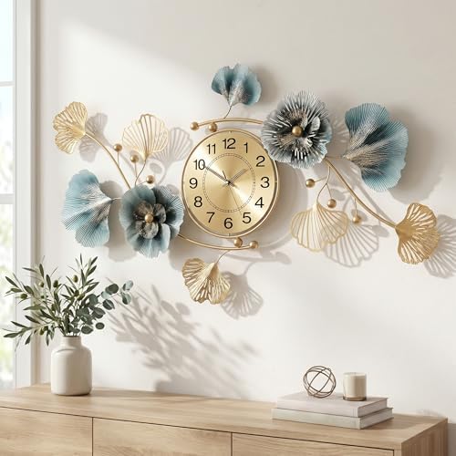 36" 3D Ginkgo Leaf Metal Wall Clock for Home Wall Decor by Axioglo