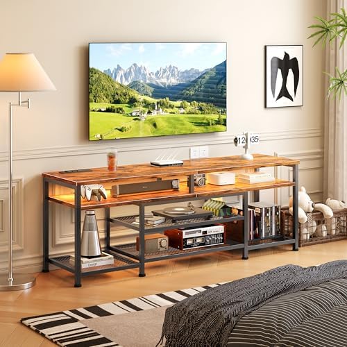 Furologee 63 Inch TV Stand with Power Outlets & LED Lights, Rustic Brown - Image 6