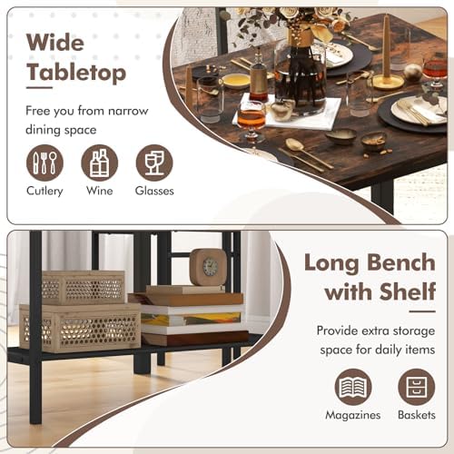 Dining Table Set for 4 with Storage Bench & 2 Chairs, Rustic Brown - Image 2