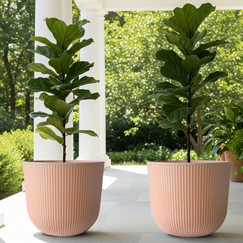Worth Garden Round Large Planter Pot Set of 2, 17.5" Dia x 15.5" H - Durable Plastic Terracotta Plant Tree Pots with Vertical Stripe Textured Finish, Drainage Hole for Indoor Outdoor Front Porch Patio - Image 2
