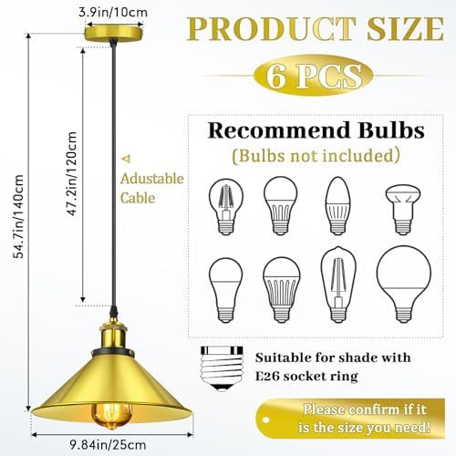 Retisee 6 Pcs Industrial Pendant Light, Vintage Metal E26 Base, Gold - Image 2