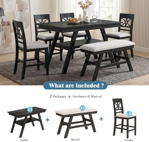 Heavy Solid Wood 6-Piece Counter Height Dining Table Set, Farmhouse Rustic Kitchen Dining Room Table Set with Padded 4 Chairs and Bench, 60 In Triangular Table with Storage Shelf (Espresso-T) - Image 4