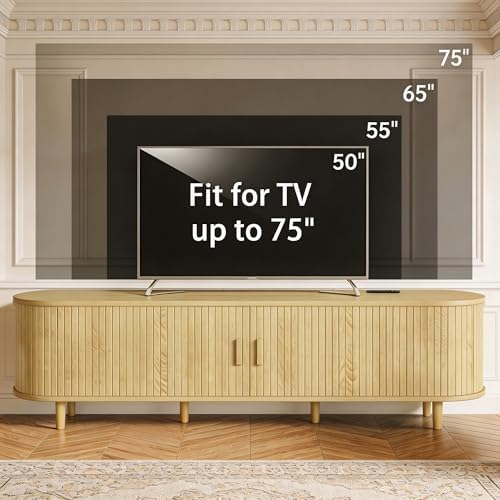 MXV 70" TV Stand with Sliding Doors for Living Room, Mid Century Modern Entertainment Center, TV Console with Fluted Door Cabinets and Power Outlet, Oak - Image 6