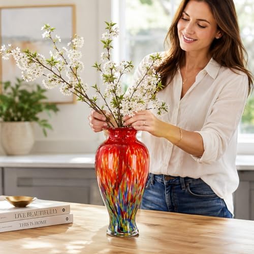 11.8" Tall Glass Vase Beautiful Hand Blown Glass Vase Modern Art Home Decor, Wide Mouth Colorful Vases for Mantle Dining Table Centerpiece, Entryway Living Room Wedding Decoration (Flame Red) - Image 6