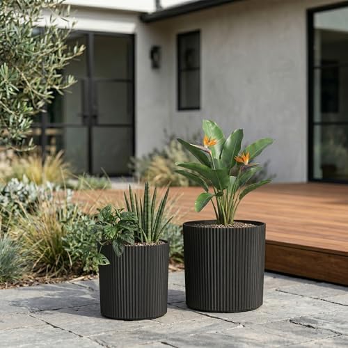 Mayne Haven 12in & 14in Round Fluted Modern Planter Set, Black, 2-Pack - Image 4