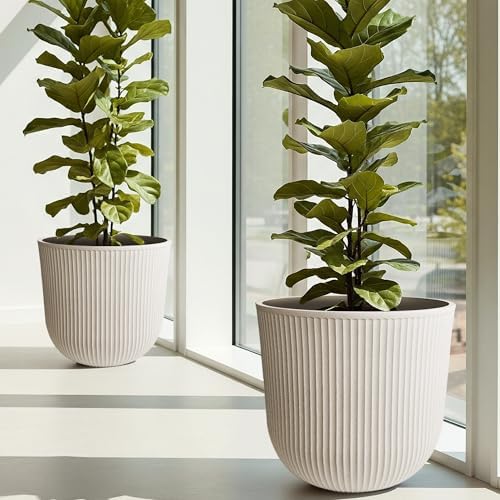 Worth Garden Round Large Planter Pot Set of 2-17.5" Dia x 15.5" H - Durable Plastic Beige Plant Tree Pots with Vertical Stripe Textured Finish, Drainage Hole for Indoor, Outdoor, Front Porch, Patio - Image 2