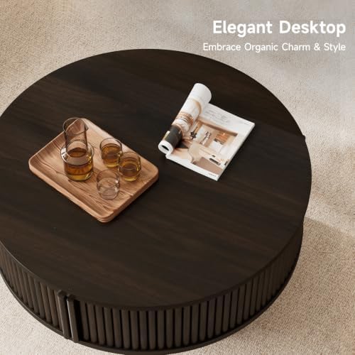 ONBRILL 31.5" Fluted Round Coffee Table with Storage Black - Image 5