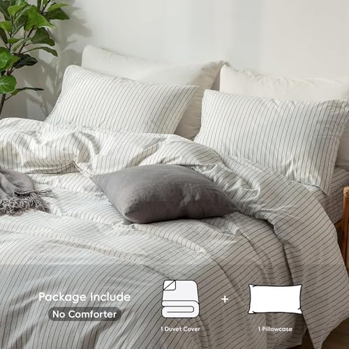 MooMee Striped Duvet Cover Set 100% Washed Cotton Linen Like Twin - Image 2