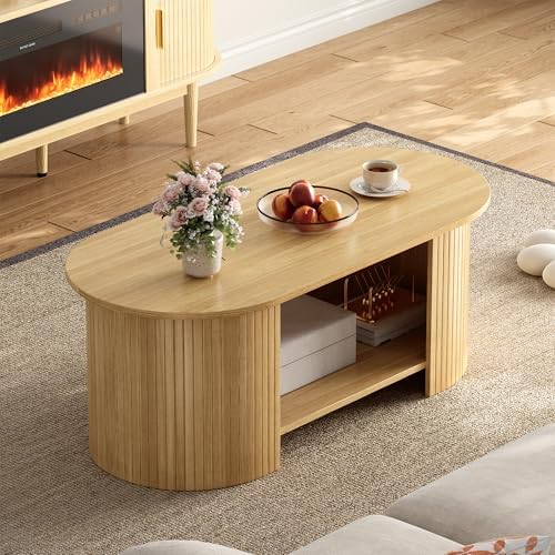 42" Oval Fluted Coffee Table, 2-Tier Center Table with Large Storage, Mid-Century Modern Wood Coffee Table for Living Room, Home Office, Small Space, Oak - Image 6
