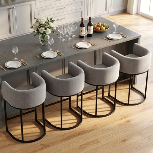 Counter Height Bar Stools Set of 4, 24 Inch Seat Height Barstools for Dining Room, Fabric Upholstered Bar Chair for Kitchen Island, Linen Counter Stools with Metal Legs, Gray by KRAMZMINGQualityHome