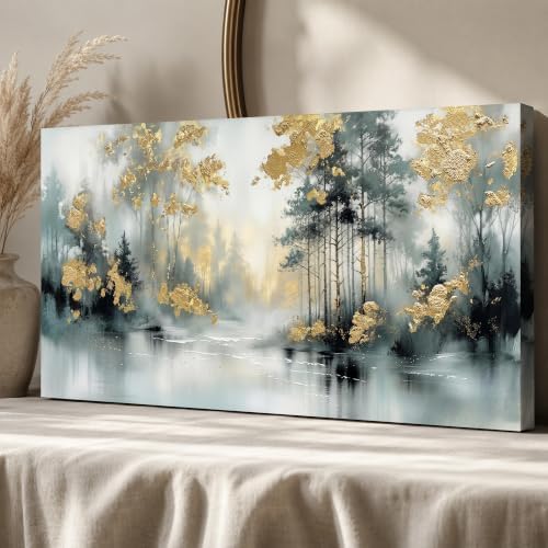 Anolyfi Misty Forest Grey Lake Canvas Wall Art for Living Room 40"x20" - Image 3