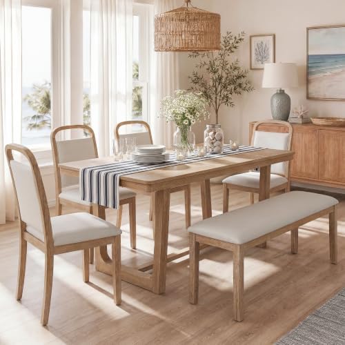 VilroCaz 6-Piece Dining Table Set, Solid Wood Rectangular Kitchen Table with 4 Upholstered Chairs & 1 Bench, Seats for 6 (Natural-6.17) by VilroCaz