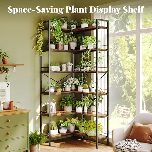 Huuger 6 Tier Bookshelf, L Shaped Corner Bookshelf with Open Shelves, 49.4 Inch Straight Wide Bookcase with Metal Frame and Wooden Board, Adjustable Feet, Rustic Brown - Image 4