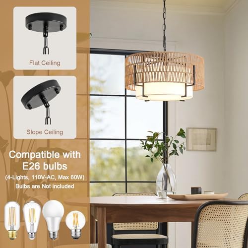 4-Light Boho Chandelier for Dining Room, 19.7" Rattan Pendant Light - Image 4
