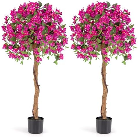 Goplus 53” Bougainvillea Artificial Tree, 2 Pack Faux Silk Flower Tree in Pot w/ 576 Flowers, 288 Leaves, Tall Fake Floor Plant, Artificial Plants for Indoor Outdoor Bedroom Living Room Decor by Goplus