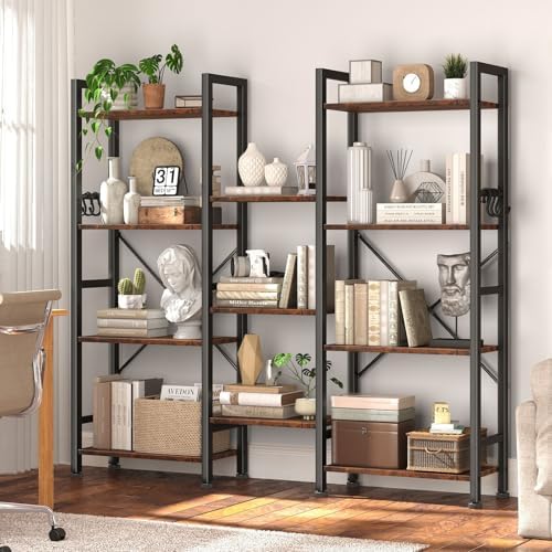 Furologee Triple 4 Tier Bookshelf, Bookcase with 11 Open Display Shelves, Large Book Shelf with 6 Hooks, Rustic Bookshelves Storage Organizer, Decorative Shelving Unit for Living Room, Home Office - Image 2