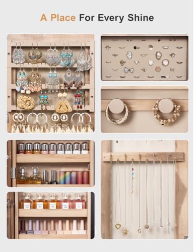 Nicetree Jewelry Cabinet Armoire, 2 Drawers, Full Length Mirror, Oak - Image 7