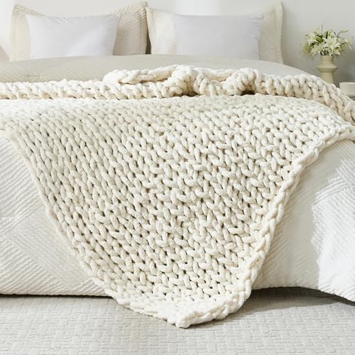 Bigacogo Chunky Knit Throw Blanket for Couch, 60x80 inches, Vintage White by Bigacogo