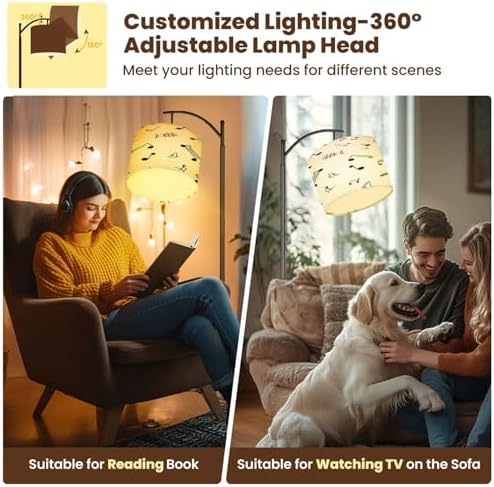 Modern Arc Floor Lamp, Seamless pattern sketch musical theme notes music treble clef Standing Lamp with Hanging Linen Shade Adjustable Foot Switch for Living Room Bedroom Study Room Office - Image 6